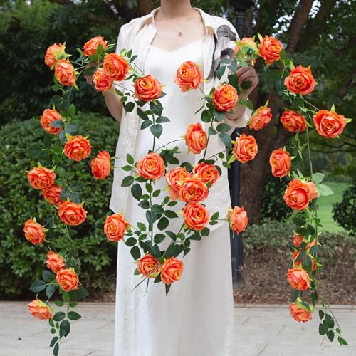 2Pcs 12Ft Bendable Artificial Flower Garland Faux Rose Vine Hanging Floral Garland for Wall Decor Trellis Fence Home Room Garden Wedding Decoration(Orange, 2pcs) - color: Orange, size: 2pcs