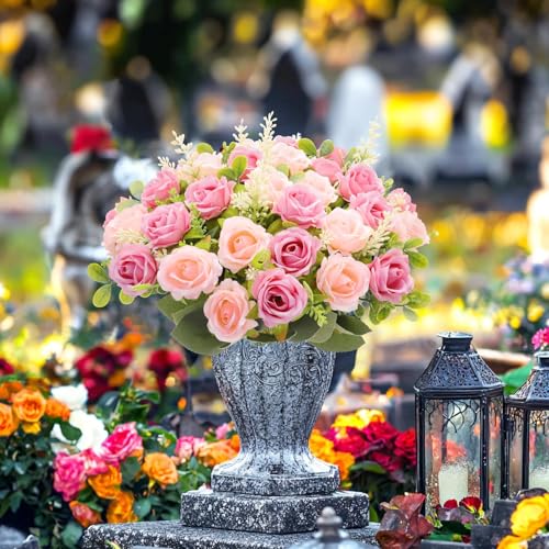 TURNMEON 40 Heads Fake Roses Artificial Flowers for Outdoors Summer Decor, 4 Bouquets UV Resistant Fake Flower Bouquet Faux Silk Roses for Wedding Birthday Party Home Mother's Day Cemetery Decor(Pink) - color: Pink