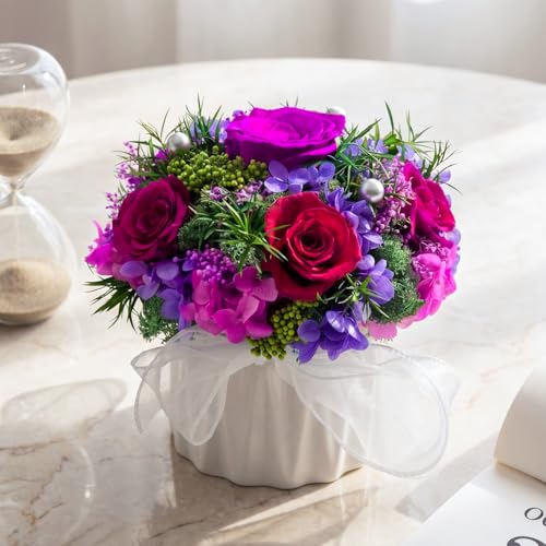 Preserved Flower Bouquet with Vase for Delivery Prime | Natural Forever Rose Gift For Women (Purple Eternal Floral Arrangement) - color: Dark Purple