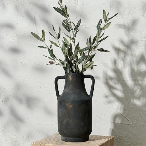 SIDUCAL Ceramic Rustic Flower Vase with Handles | 12 inch Tall Vase for Farmhouse Home Table Centerpieces, Large Decorative Terracotta Vases for Home Decor, Living Room,Shelf Decor, Black Bronze - color: 112-black Bronze