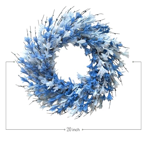 22inch Artificial Forsythia Flower Wreath Spring Summer Fall Wreath Silk Leaves for Front Door Porch Farmhouse Patio Garden Home Decor (Blue) - color: Blue