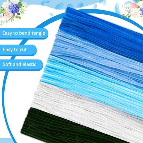 Peryiter 371 Pcs Pipe Cleaners Flowers Kit, Pipe Cleaners Chenille Stems Bulk with Floral Wire Gardening Tape Stamen, Fluffy Limpiapipas para Flores for DIY Mother's Day Decor(Blue & Green) - color: Blue & Green