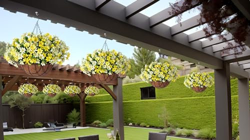 INXUGAO Artificial Flowers with Hanging Planter for Outdoor Decor, Faux Silk Daisy UV Resistant Plants in Basket for Indoor Porch Garden Yard Spring Summer Decor(Yellow) - color: Cyellow