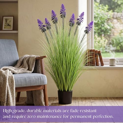 Jexine 2 Pieces 4 ft Artificial Tall Grass Plants Outdoor with Blue Cockscomb Flower Tall Artificial Grass Green Onions Plant Potted for Housewarming Gift House Garden Lobby Outdoor - color: Blue Cockscomb Flower