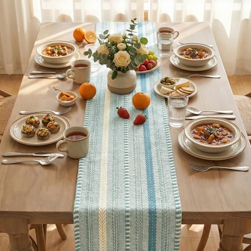 Artoid Mode Sky Blue Farmhouse Woven Table Runner, Seasonal Holiday Rustic Kitchen Dining Table Decoration for Home Party Decor 12x72 Inch - color: Sky Blue, size: 12" x 72", Table Runner