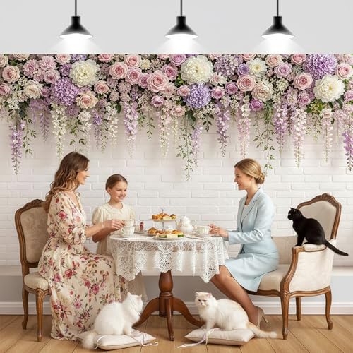 JAWO 6X4ft Floral Brick Wall Backrop Pink Purple Rose Hydrangea Hanging Vine White Brick Wall Photography Backdrop Wedding Bridal Baby Shower Birthday Anniversary Party Decor Photo Booth Prop - color: Purple2, size: 6X4