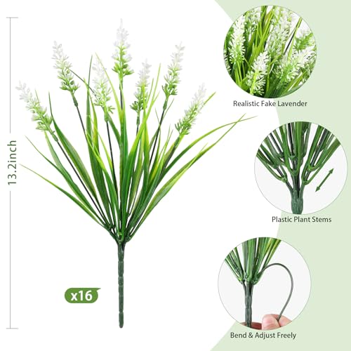 16 Bundles Artificial Plants Outdoor, UV Resistant Fake Lavender & Monkey Grass, Realistic Plastic Faux Plants for Balcony, Patio, Porch Greenery Decor, Planter Filler(White) - color: White-2, size: 16PCS