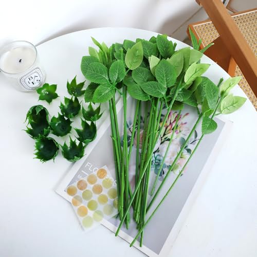 20PCS Floral Wire Stem with Leaves and 20PCS Artificial Flower Calyxes Set, for Floral Rose Arrangement, DIY Craft Bouquet Making, and Florist Supplies