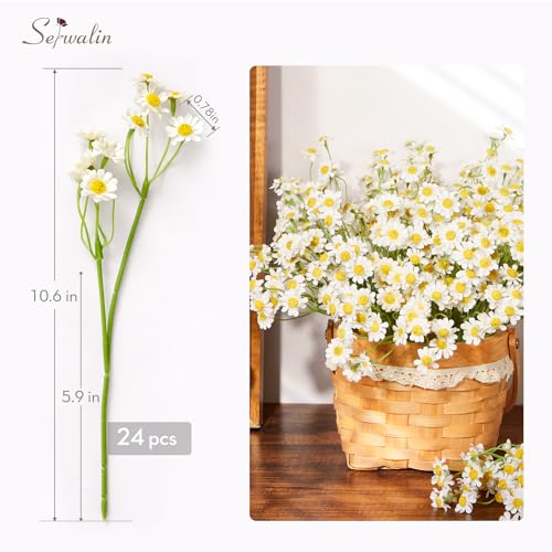 Serwalin 24pcs Small White Daisy Flowers Artificial Fake Wildflower Bouquet, Realistic Faux Daisies Arrangements for Wedding, Vase Centerpiece Table Decorations, DIY Home Party (Not Include Basket) - color: White, size: 24PCS
