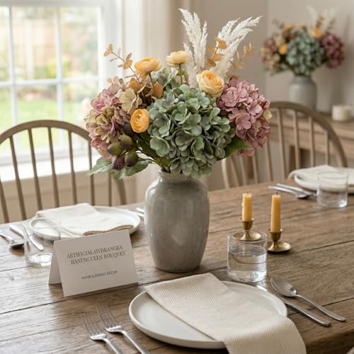 Hydrangea Artificial Flowers Bouquet, Pre-Arranged Fake Flowers Bouquet with Ranunculus, Eucalyptus, Pampas, Real Touch Silk Flowers for Centerpiece Shelf Table Wedding Home Decor
