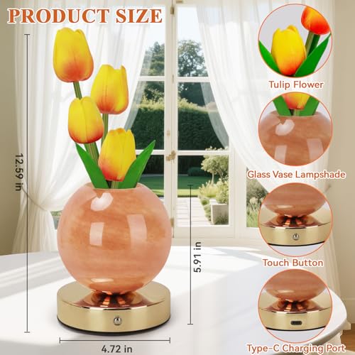 Tulip Table Lamp, Rechargeable Cordless Touch Dimming Artificial Tulip Flower Desk Lamp, LED Flower Bedside Night Light Romantic Gifts for Girl Women Mom (Orange) - color: Orange