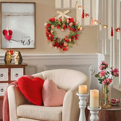 Suncalla 17.7 Inches Heart Rose Wreath Pink Floral Valentine Wreath with Ribbons Artificial Rose Wreaths for Christmas Party Gifts Front Door Valentine's Day Wedding Decoration - style: Roses