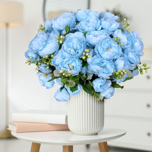 8 Bundles Peonies Artificial Flowers Blue Fake Silk Peonies Bouquet Faux Peonies Flowers Bulk for Home Decoration Vase Florals Arrangements Wedding Party Table Centerpiece - color: Light Blue