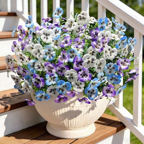 Ouddy Decor 20 Bundles Artificial Pansy Flowers for Outdoors, Fake Silk Flowers Faux Plants UV Resistant for Vase Table Balcony Planter Porch Yard Garden Indoor Outdoor Home Decor, Purple Blue White - color: Purple Blue White