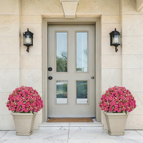 24” Artificial Flowers for Outdoors, Set of 2 UV Resistant Faux Plants in Cement Pots, Fake Floral Look Real for Front Porch, Entryway & Indoor Spring Decor - color: Artificial Flower Rose Red