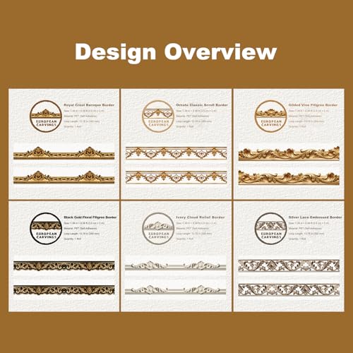 6 Rolls Vintage European PET Border Tape with Clip, Baroque Carved Look Peel and Stick Decorative Trim for Scrapbook Journal Collage Planner Crafts - color: European Carving