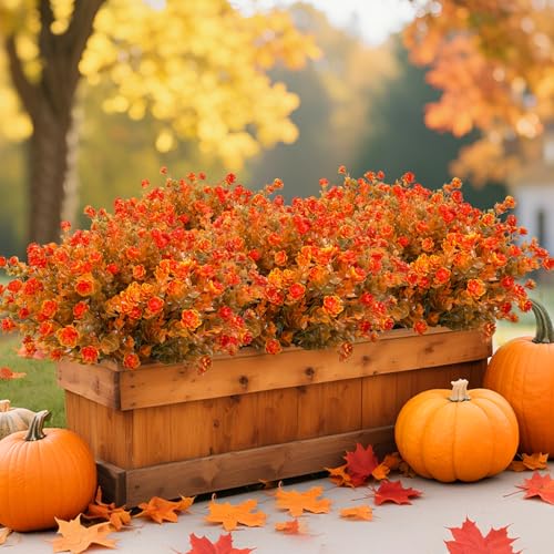 20 Bundles Artificial Fall Flowers for Outdoors Fall Thanksgiving Decorations-UV Resistant Fake Mums Faux Plant Plastic Flowers Gardens Porch Fireplace Home Autumn Decor(Brown Eucalyptus Flower) - color: Brown Eucalyptus Flower, size: 20 Bundles