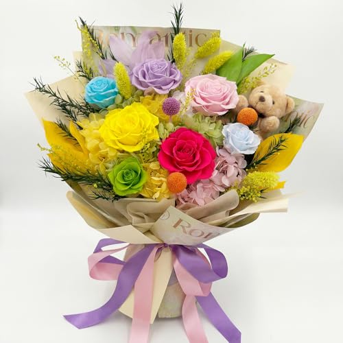Preserved Bouquet with Bear: Big Flowers Big Love-Romantic Graduation Gifts for Her-Daughter Girlfriend Wife Mom-Flowers for Delivery Prime on Birthday Valentines Anniversary (Dopamine 1) - color: Dopamine1