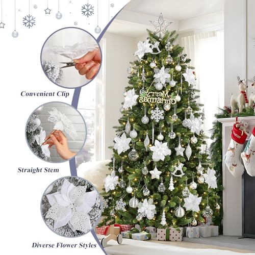 Alupssuc 24 PCS 3 Styles 6'' Poinsettia Christmas Flowers Artificial, Glitter Artificial Flower, Christmas Decorations for Xmas Tree Party Wreath Fireplace, New Year Ornaments, White - color: White