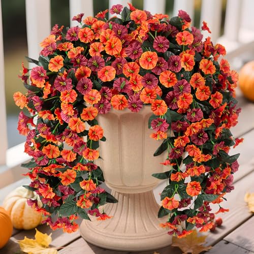 INXUGAO Fall Artificial Flowers for Outdoors Decoration, 2PCS Fake Hanging Plants Faux Realistic Silk Morning Glory Long Vines UV Resistant for Autumn Outdoor Porch Patio Balcony Yard Planter, Brown - color: Z-brown