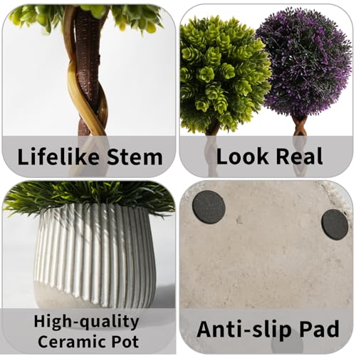 3 Pack 14 Inch Small Fake Plants in Farmhouse Concrete Planter, Artificial Boxwood Topiary ball Indoor for Home Decor, Small Faux Plants for Bathroom Bedroom Shelf Desk Office Table Kitchen Room Decor - color: Greener Purple-dasyphyllum