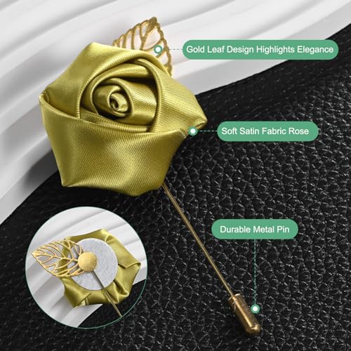 M METERXITY 48-Pack Flower Lapel Pins for Men, Golden Leaf Rose Boutonnieres Pin Groom Boutonnieres for Wedding/Dance/Party, Men Lapel Pins for Suits Satin Flower Corsage [Gold] - color: Gold