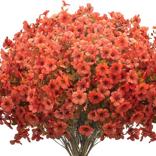 Grunyia Fall Outdoor Artificial Flowers 16 Bundles - UV Resistant Faux Daisy with Eucalyptus Leaves, Weatherproof Fake Plants for Porch, Patio, Garden Decor, Indoor Outdoor Decor (Fall Orange Red) - color: Fall Orange Red
