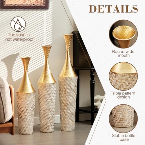Tall Floor Vases Set of 3 for Decor Living Room Floor, Gold Vases Home Decor, Embossed Body Pattern, 35.43" H/31.5" H/27.56" H Geometric Cylinder (Gold 10) - color: Gold 10