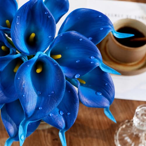 Artificial Calla Lily 12Pcs Blue Real Touch Faux Flowers for Wedding Bouquet, Bride Bridal Shower, Spring Home Kitchen Table Decor, Fake Lilies for Centerpieces, Party Decorations - color: Blue