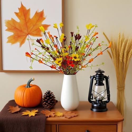 Fall Flowers Artificial for Decoration,6 Pcs Fall Floral Stems with Daisies Forsythia Flowers Berry Leaf Stem for Autumn Harvest Thankgiving Home Table Vase Centerpiece Decor（Yellow Orange Burgundy） - color: Yellow Orange Burgundy