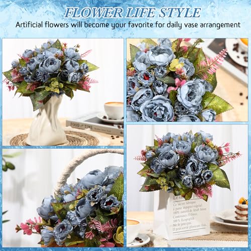 Geosar 8 Bundles Artificial Peonies Flowers Fake Silk Peony Bouquet Faux Peonies Flowers Bulk for Decoration Vase Floral Arrangements Wedding Party Table (Blue) - color: Blue