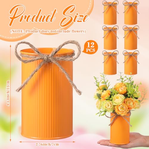 Rustic Vase for Table Centerpieces 4.33 Inch Small Petite Flower Vase with Twine Bow Vintage Farmhouse Decor for Wedding Reception Dining, Home Galvanized Metal Buckets(Orange,12 Pcs) - color: Orange