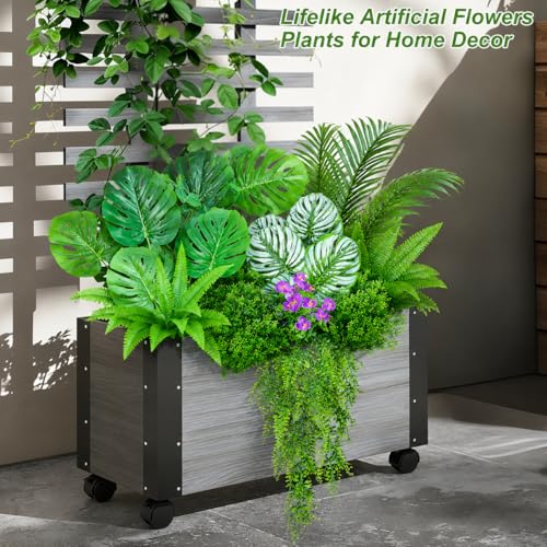 Tall Artificial Greenery Outdoor Faux Plants Hanging Ferns,10Bundles Faux Shrubs Fake Monstera Palm Boston Fern Plants for Outdoor Planters, Realistic UV Resistant Tropical Leaves for Window Box - color: Purple Green01