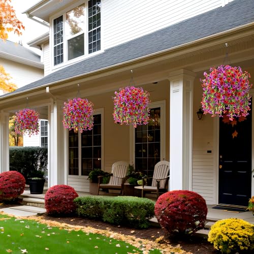 INXUGAO Artificial Hanging Flowers Plants with Basket for Outdoors, Realistic Faux Silk Daisy Flower Eucalyptus for Spring Decor, UV Resistant Fake Plants for Porch Patio Yard Balcony(Red Purple) - color: A-red Purple