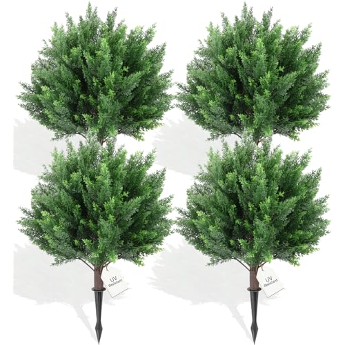 Artificial Cedar Topiary Ball Trees, 4 Pack Artificial Shrubs Bushes with Ground Spike, UV Resistant Fake Plants for Christmas Porch Decor - color: 4 Pack 23" Cedar