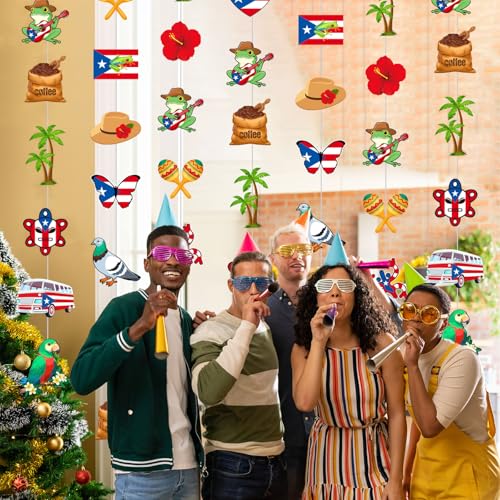 Spakon 8 Pcs Puerto Rico Garlands Puerto Rican Party Hanging Decorations Hibiscus Garlands Banners Frog Paper Cutouts for Birthday Festivals Party Ceiling Wall Decor - color: Puerto Rico