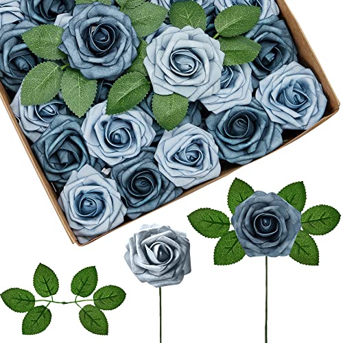InnoGear Artificial Flowers, 50 Pcs Dusty Blue Shades Foam Fake Roses Bulk with Stems for Decoration DIY Wedding Bouquets Centerpieces Bridal Shower Party Christmas Tree - color: Dusty Blue Shades