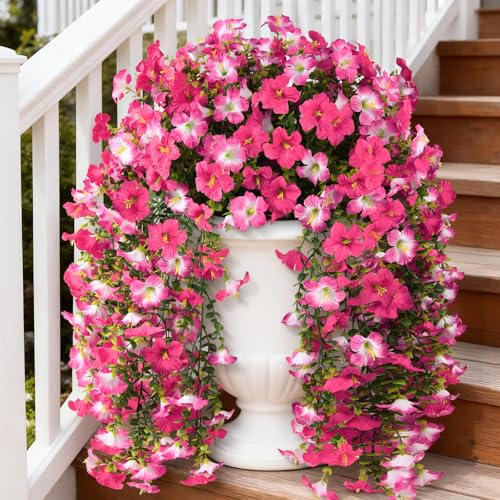 Artificial Fake Flowers Plants for Outdoor Spring Summer Decoration,2 PCS Faux Silk Morning Glory with Eucalyptus Leaves,UV Resistant Realistic Outdoor Flowers for Balcony Porch Patio Yard Garden - color: Rose Red Pink
