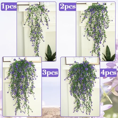 12 Pcs Artificial Hanging Flowers Faux Eucalyptus Vine Fake Hanging Plants Plastic UV Resistant Trailing Vines for Indoor Outdoor Wall Garden Front Porch Home Decor (Purple) - color: Purple-12pcs