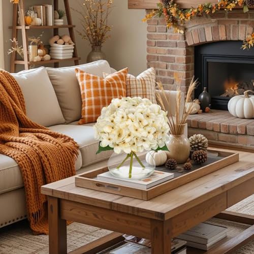 Hollyone Fall Hydrangea Artificial Flowers for Decoration with Glass Vase White Silk Fake Flower Arrangements with Faux Water Autumn Table Centerpiece Vase with Flowers Fall Decorations for Home - color: Hydrangea, Fall White