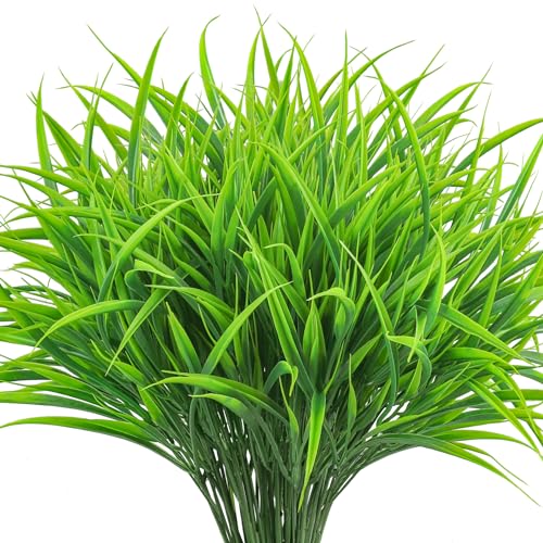Ouddy Decor 16 Bundles Artificial Plants Outdoor Fake Grass Greenery Stems UV Resistant Faux Plastic Shrubs for Spring Summer Garden Pathway Window Box Front Porch Home Decor, Green - color: Green