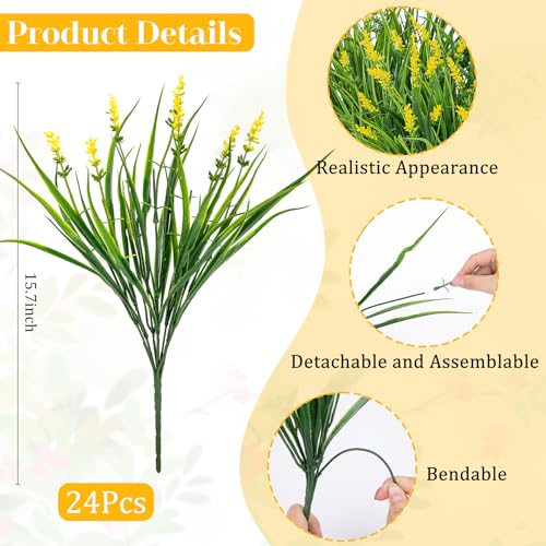 24 Bundles Artificial Plants Flowers Outdoor, Faux Lavender Flowers Fake Monkey Grass UV Resistant Plastic Plant for Porch Garden Patio Window Home Decor, Yellow - color: Yellow