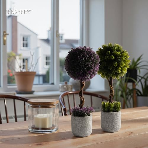 3 Pack 14 Inch Small Fake Plants in Farmhouse Concrete Planter, Artificial Boxwood Topiary ball Indoor for Home Decor, Small Faux Plants for Bathroom Bedroom Shelf Desk Office Table Kitchen Room Decor - color: Greener Purple-dasyphyllum