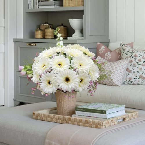 20 Pcs Fake Silk Gerbera Daisy Artificial Flowers with Stems Faux Daisies Flower Bulk for DIY Art Crafts Home Wedding Party Vase Centerpieces Tables Garland Wreath Decoration (White) - color: White