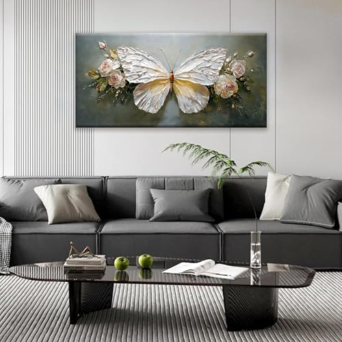 Modern Abstract Wall Art White Simple Butterfly And Rose Wall Art Decor Canvas Art Wall Decor For Bedroom Living Room Kitchen Bathroom Office 24x48 Inch Home Wall Decor - color: White, size: 48"L x 24"W