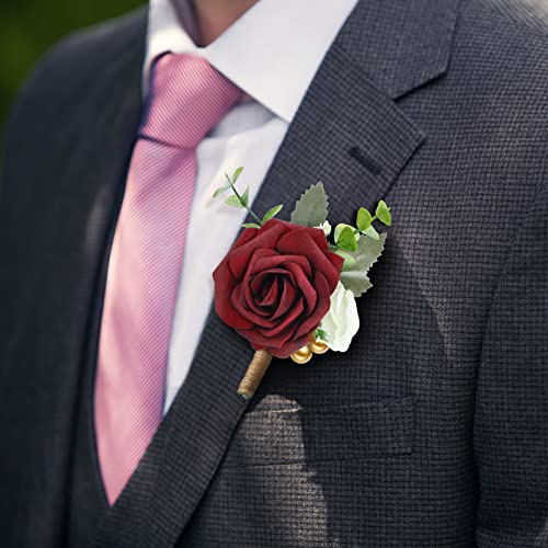 MTLEE 15 Pcs Burgundy Boutonniere for Men Rose Wedding Boutonniere with Pin Groom Groomsmen Buttonholes Man Suit Corsage for Vintage Wedding Ceremony Anniversary Dinner - color: Wine Red, style: Classic
