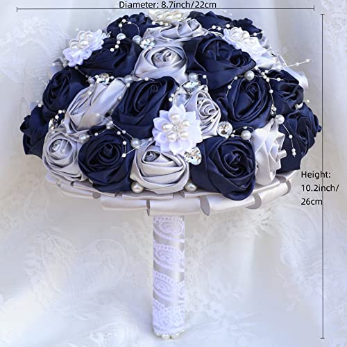 Bridal Wedding Bouquet with Rhinestone Brooch Pearl Bouquet for Bride Bridesmaid Quinceanera Satin Rose Flower Bouquet Wedding Navy Blue and Silver Grey 8.7in - color: Navy Blue and Silver (Standard Size: Dia.8.7")