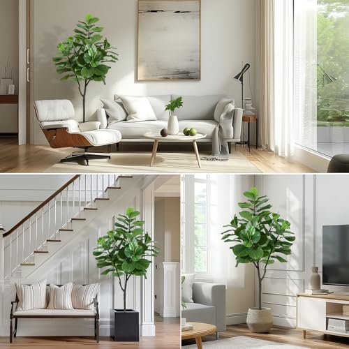 6ft Artificial Fiddle Leaf Fig Tree,Modern Potted Ficus Lyrata Faux Plant,Fake Artificial Tree with Dried Moss for Indoor Porch House Office Housewarming Home