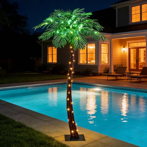 Lightshare 5 Feet Palm Tree 96LED Lights Artificial Fake Tree Decoration for Tiki Bar Outside Patio Porch Pool Christmas Nativity - size: 5ft
