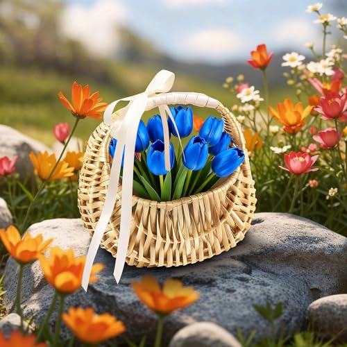 3 Pack Wicker Flower Girl Baskets,Wicker Wedding Basket with Handle Silk Ribbon,Small Half Moon Wicker Flower Basket 6.5" x6.7" x4.3"for Wedding Party Picnic Home Decor - size: Half Moon Basket